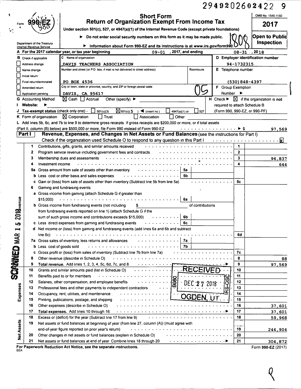 Image of first page of 2017 Form 990EO for California Teachers Association - Davis Teachers Association