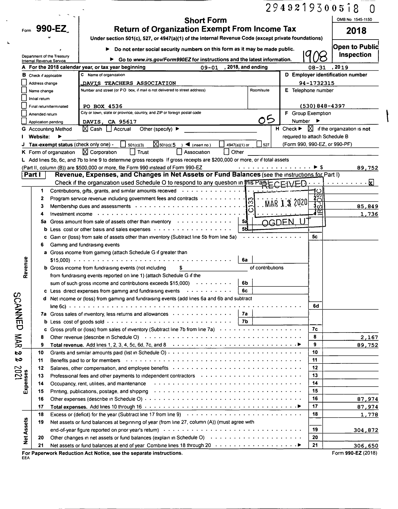 Image of first page of 2018 Form 990EO for California Teachers Association - Davis Teachers Association