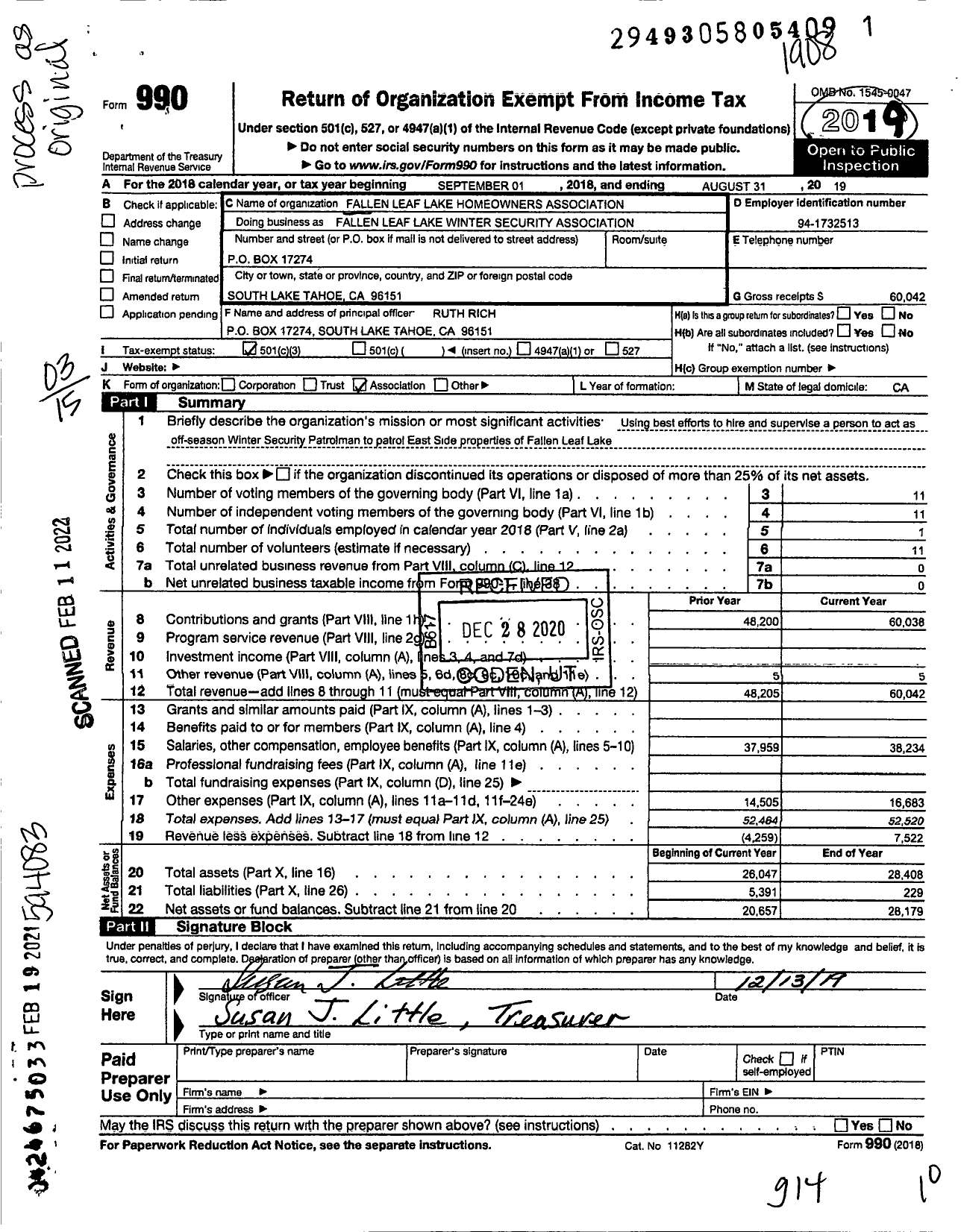 Image of first page of 2018 Form 990 for Fallen Leaf Lake Homeowners Association