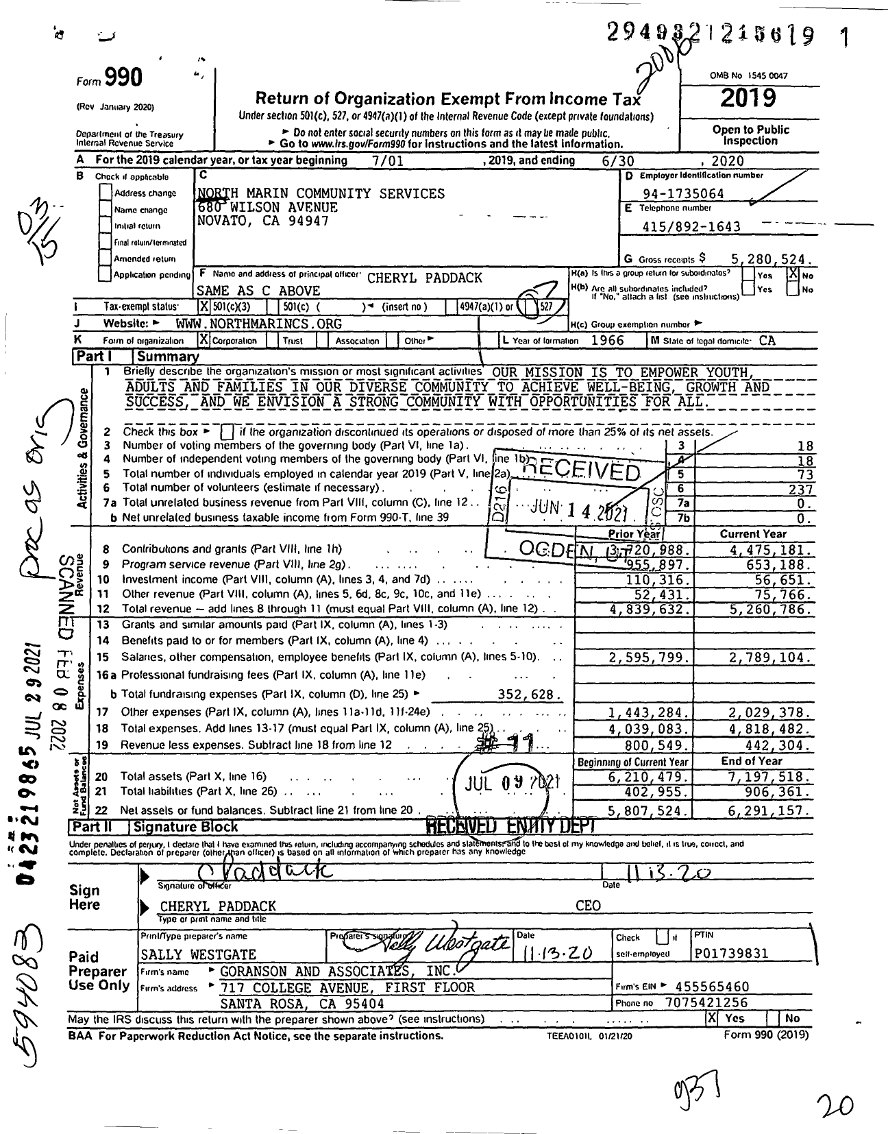 Image of first page of 2019 Form 990 for North Marin Community Services