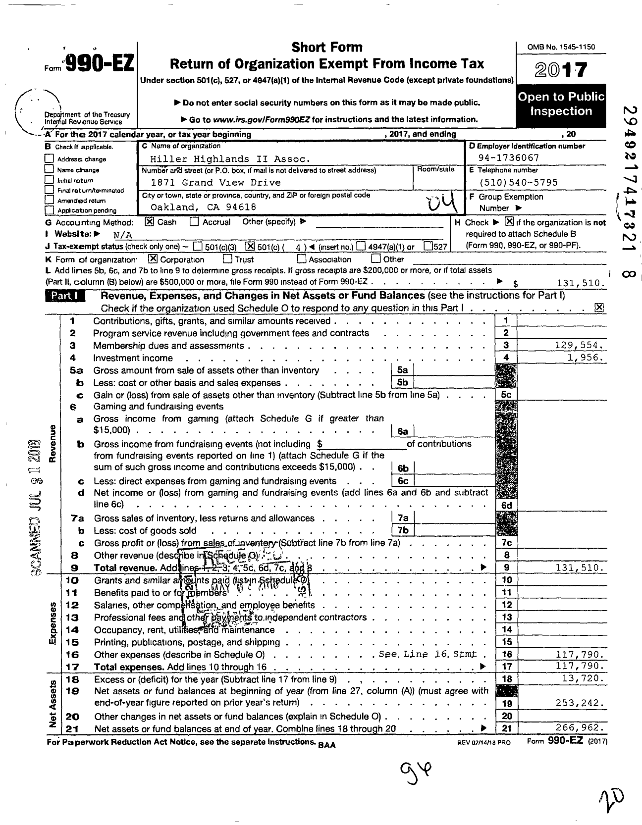 Image of first page of 2017 Form 990EO for Hiller Highlands Ii Association