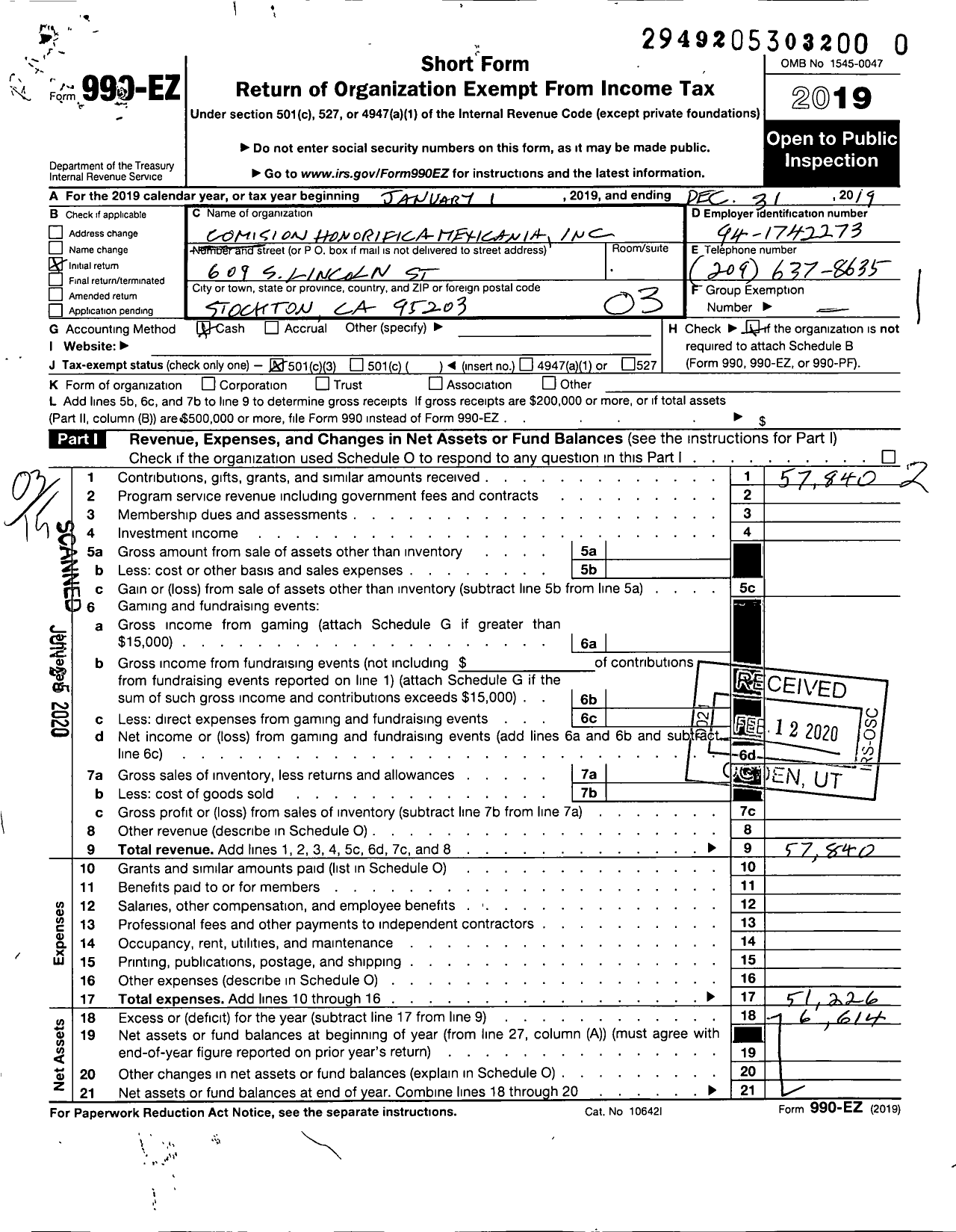 Image of first page of 2019 Form 990EZ for Comision Honorifica Mexicana