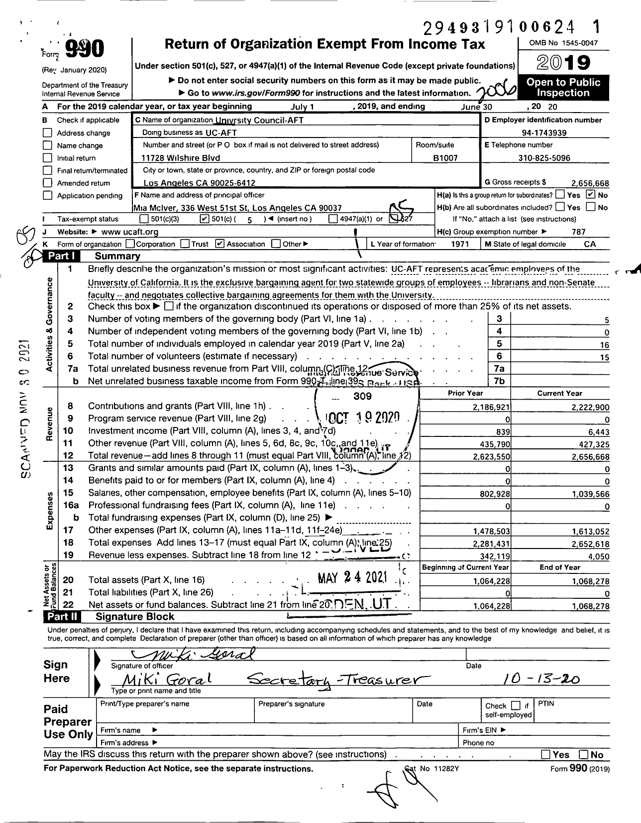 Image of first page of 2019 Form 990O for University Council American Federation of Teachers (UC-AFT)