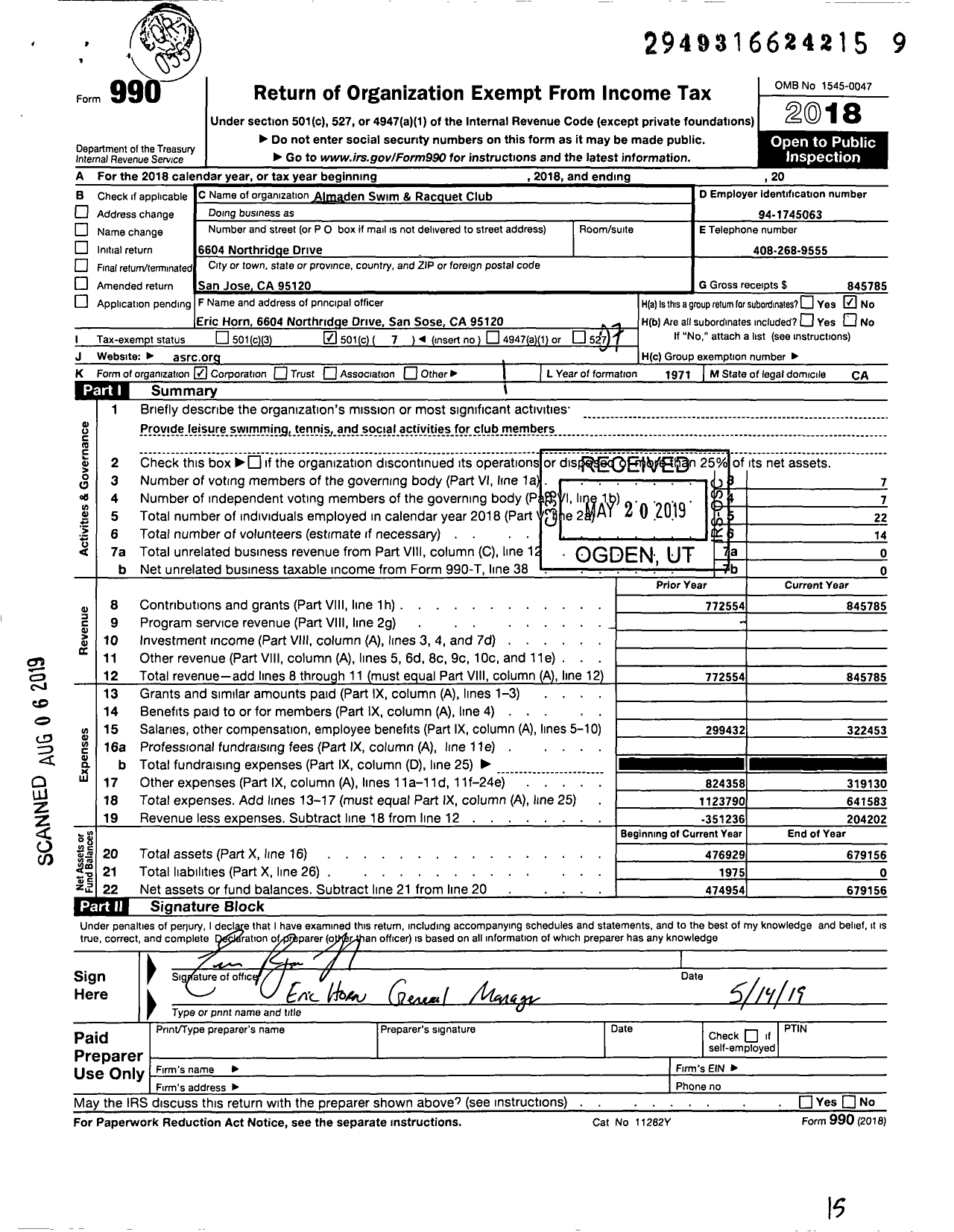 Image of first page of 2018 Form 990O for Almaden Swim and Racquet Club