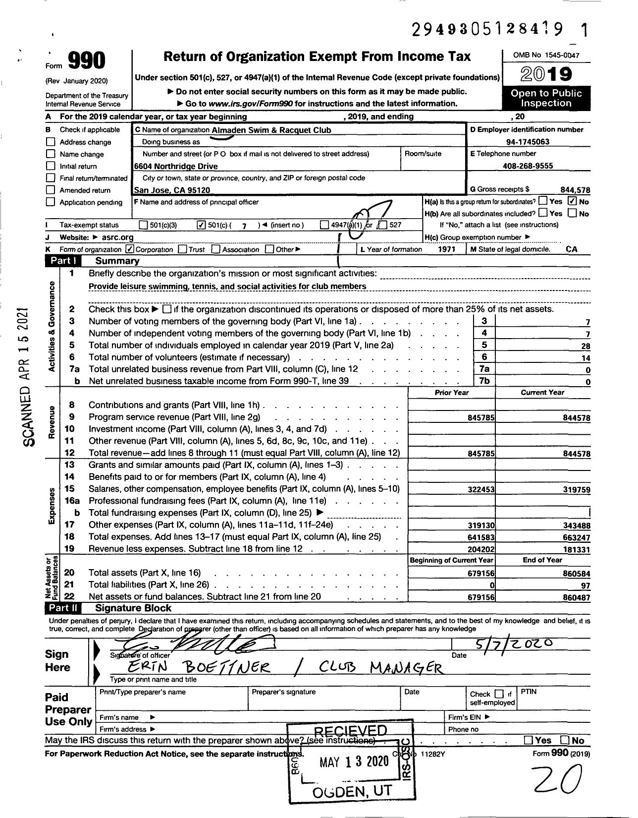 Image of first page of 2019 Form 990O for Almaden Swim and Racquet Club