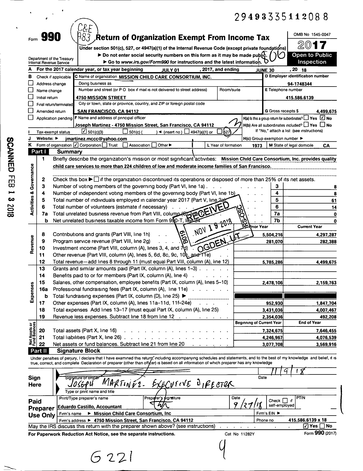 Image of first page of 2017 Form 990 for Mission Child Care Consortium