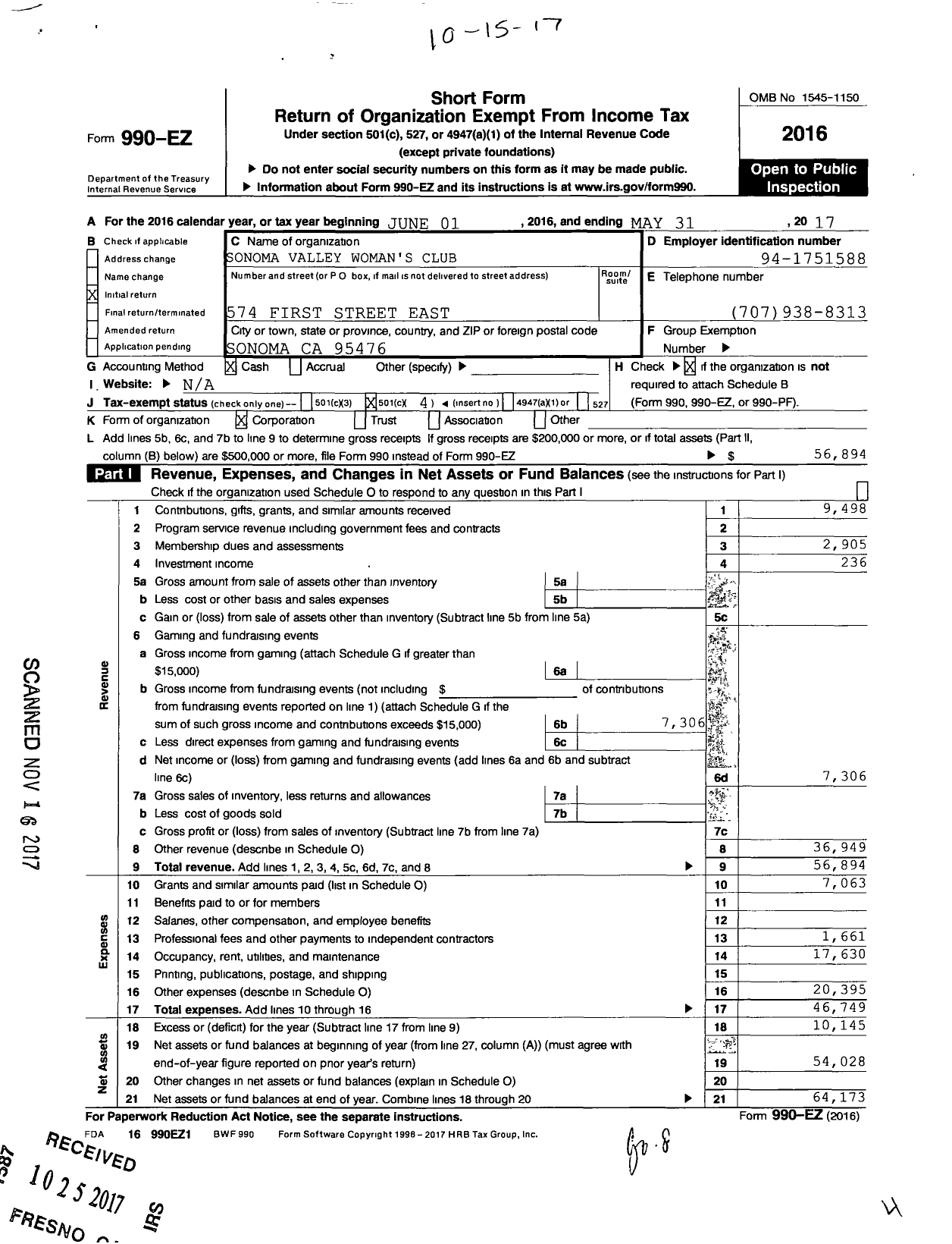 Image of first page of 2016 Form 990EO for Sonoma Valley Woman's Club