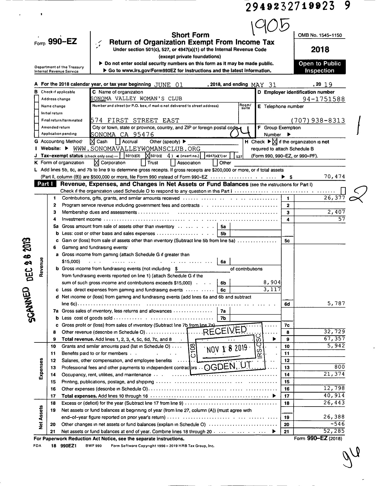 Image of first page of 2018 Form 990EO for Sonoma Valley Woman's Club