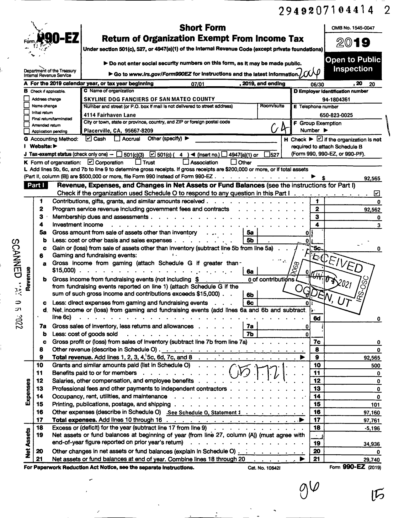 Image of first page of 2019 Form 990EO for Skyline Dog Fanciers of San Mateo County