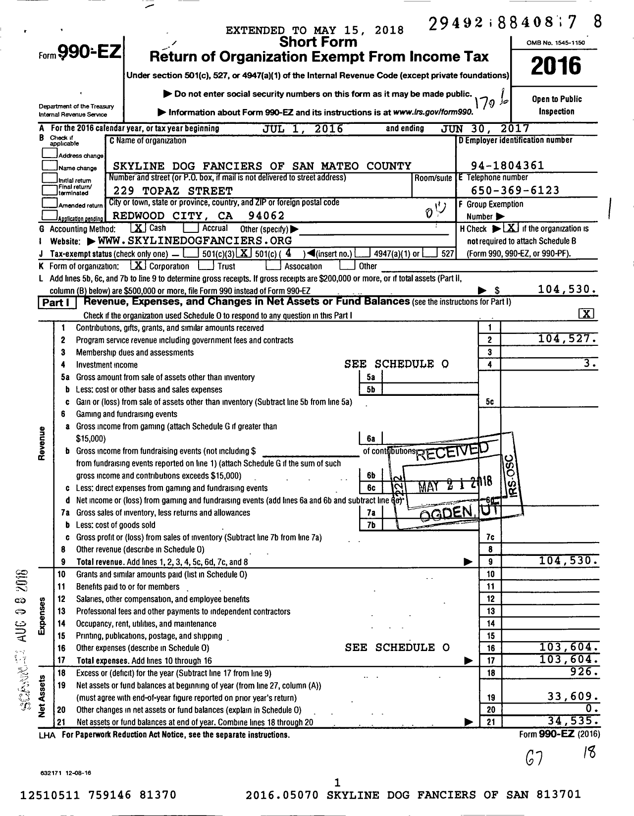 Image of first page of 2016 Form 990EO for Skyline Dog Fanciers of San Mateo County