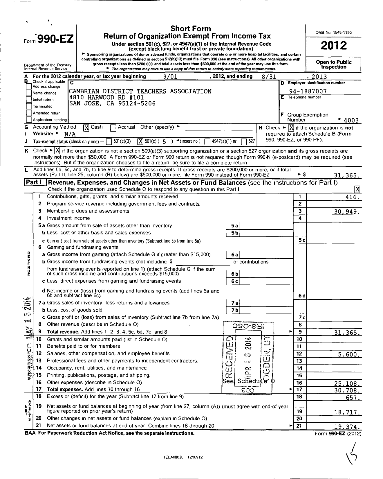 Image of first page of 2012 Form 990EO for California Teachers Association - Cambrian District Teachers Assc