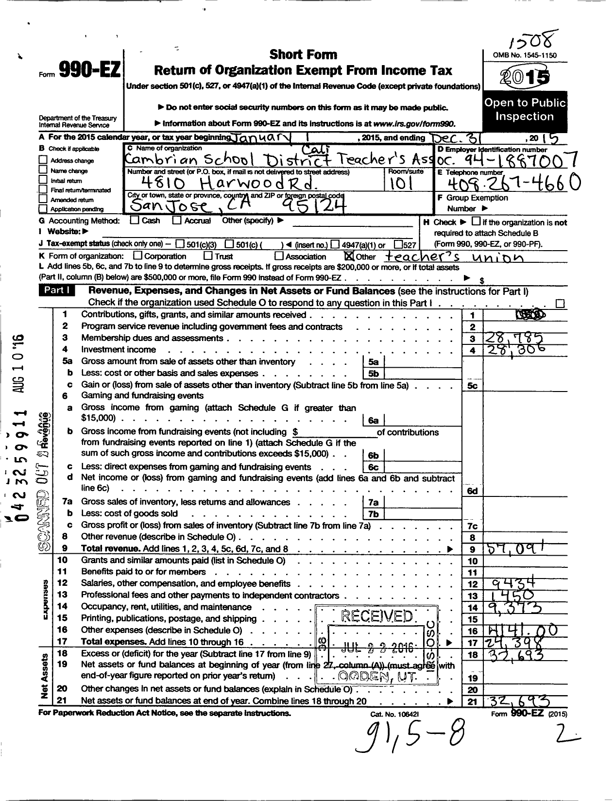 Image of first page of 2014 Form 990EO for California Teachers Association - Cambrian District Teachers Assc