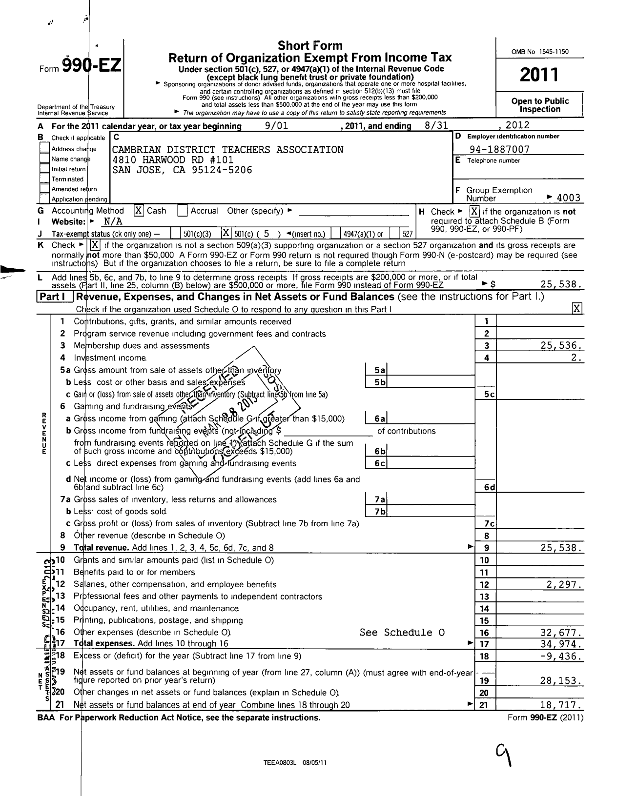 Image of first page of 2011 Form 990EO for California Teachers Association - Cambrian District Teachers Assc