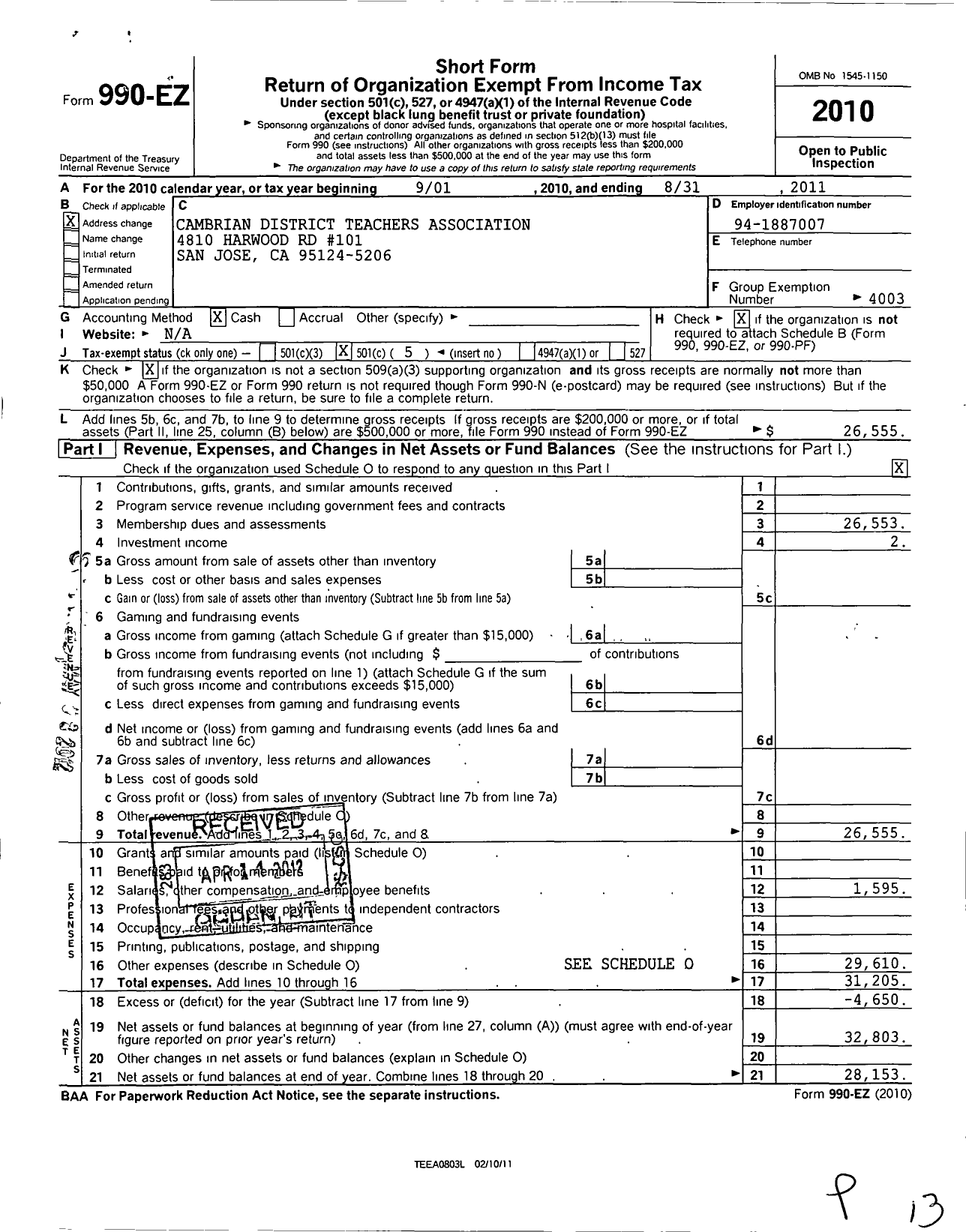 Image of first page of 2010 Form 990EO for California Teachers Association - Cambrian District Teachers Assc