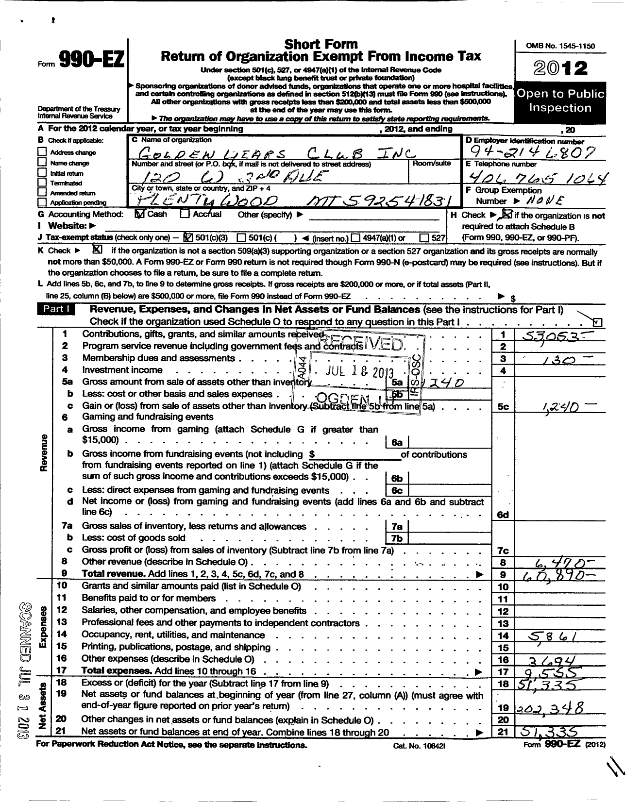 Image of first page of 2012 Form 990EZ for Golden Years Club