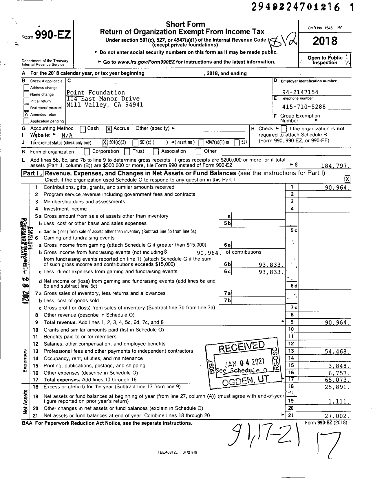 Image of first page of 2018 Form 990EZ for Point Foundation