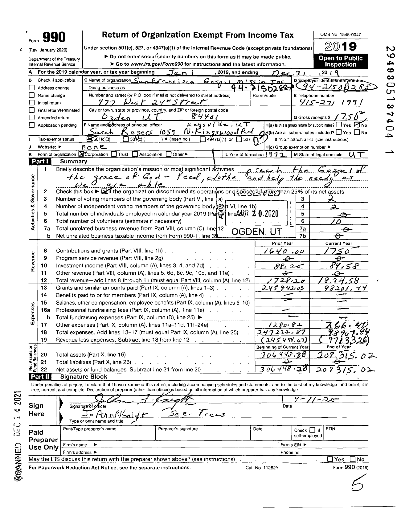 Image of first page of 2019 Form 990 for San Francisco Gospel Mission