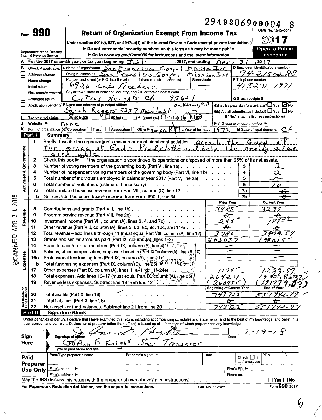 Image of first page of 2017 Form 990 for San Francisco Gospel Mission