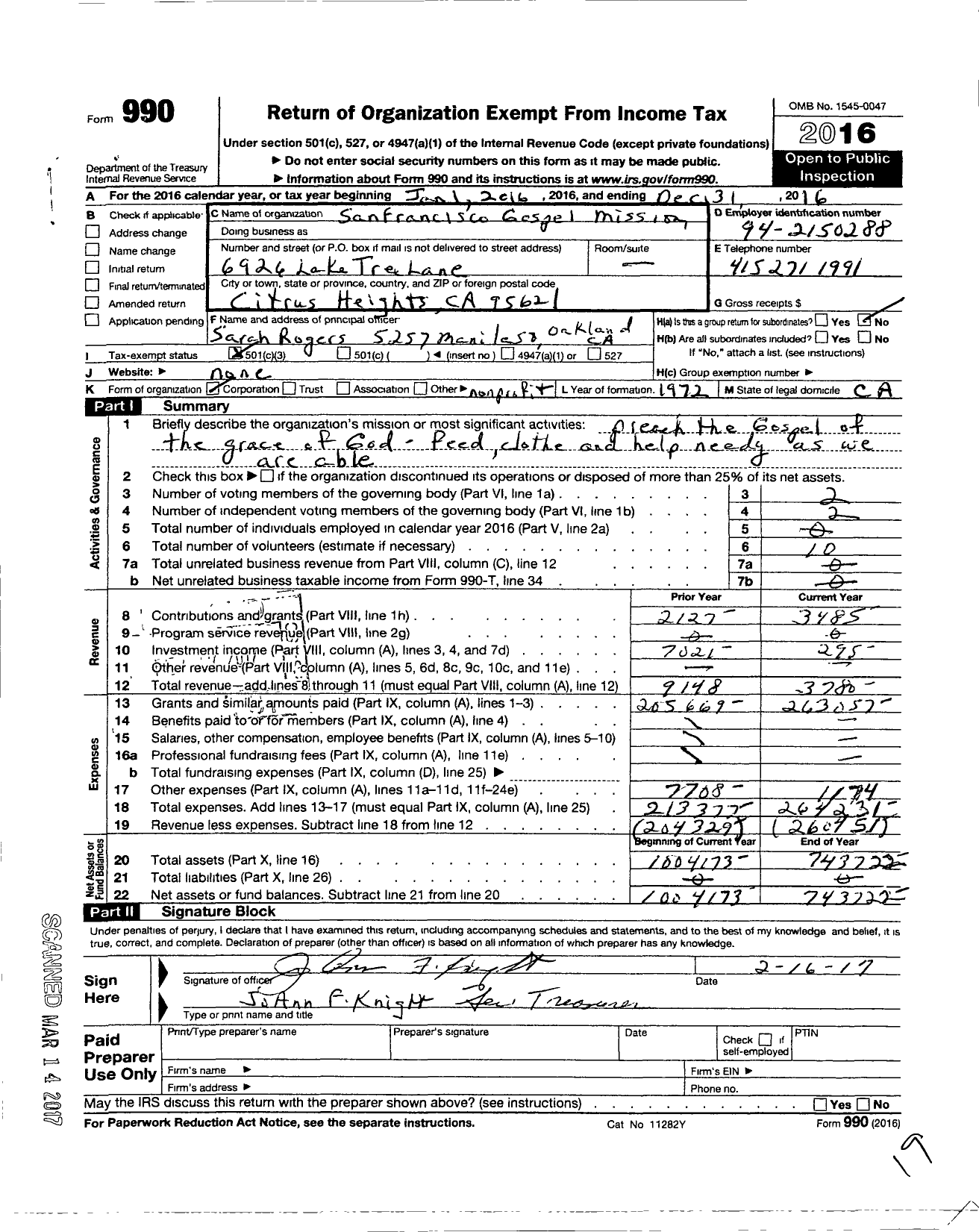 Image of first page of 2016 Form 990 for San Francisco Gospel Mission