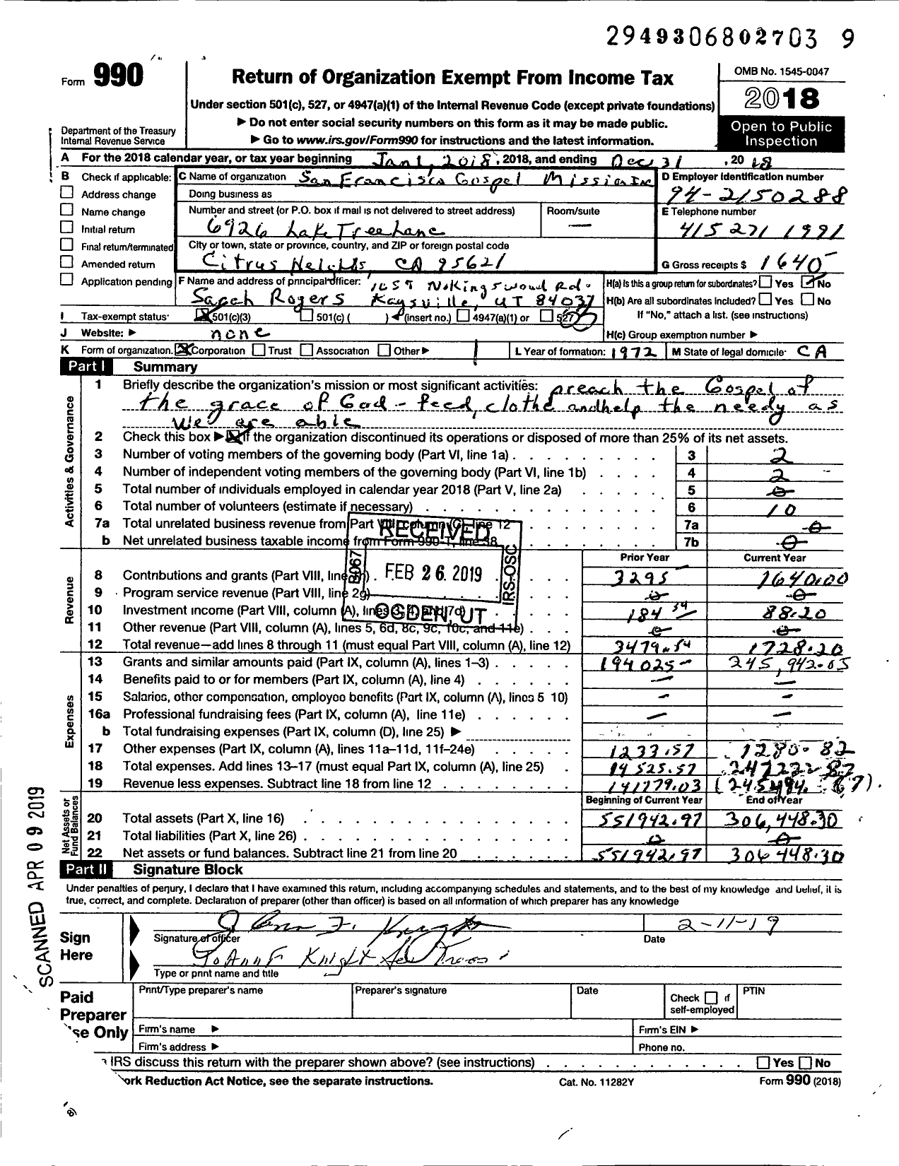 Image of first page of 2018 Form 990 for San Francisco Gospel Mission