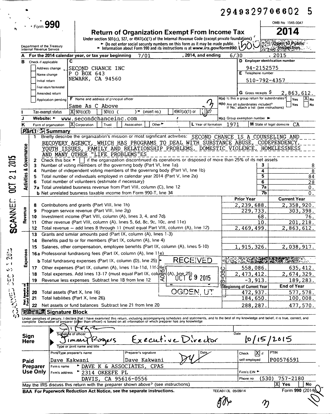Image of first page of 2014 Form 990 for Second Chance