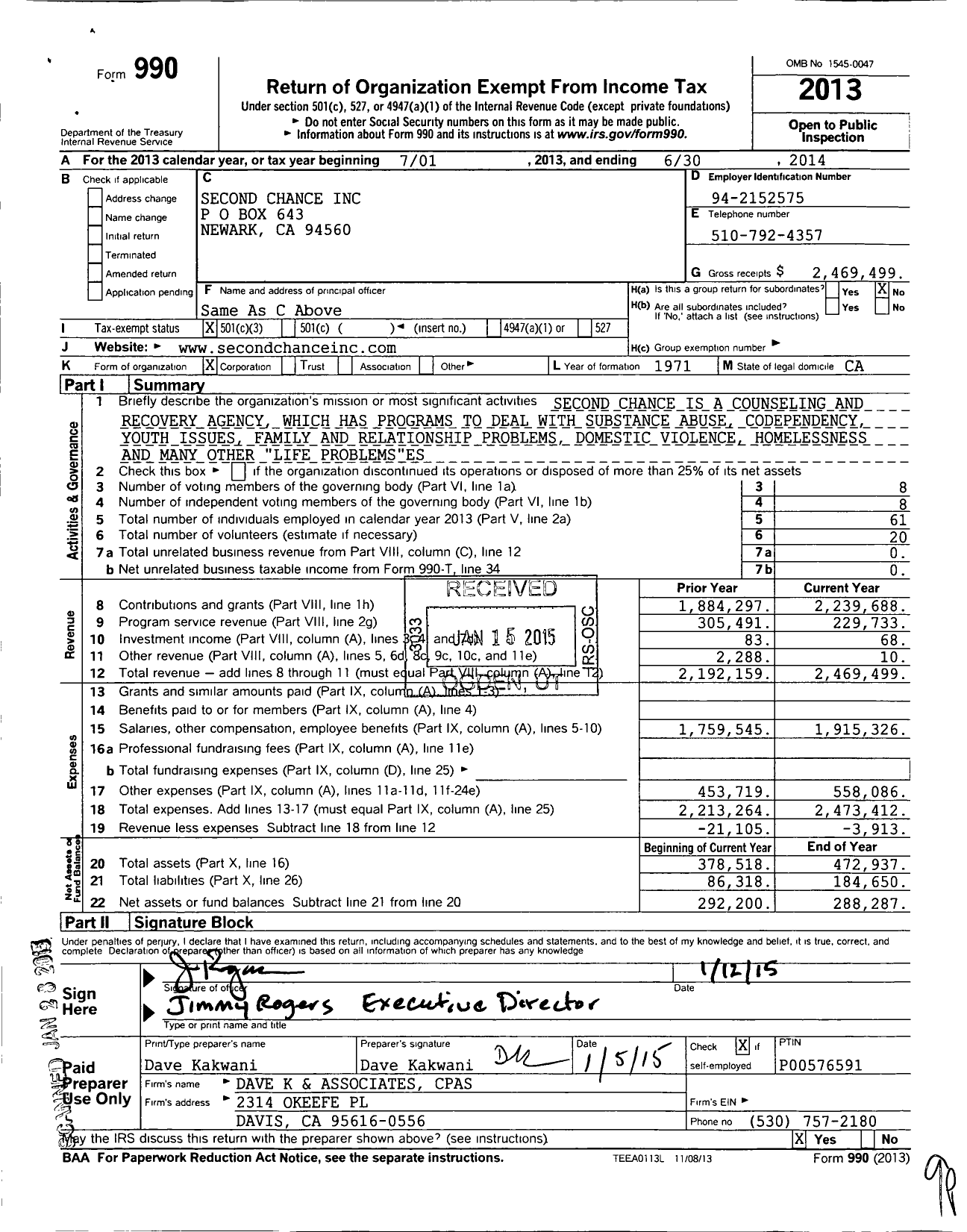 Image of first page of 2013 Form 990 for Second Chance