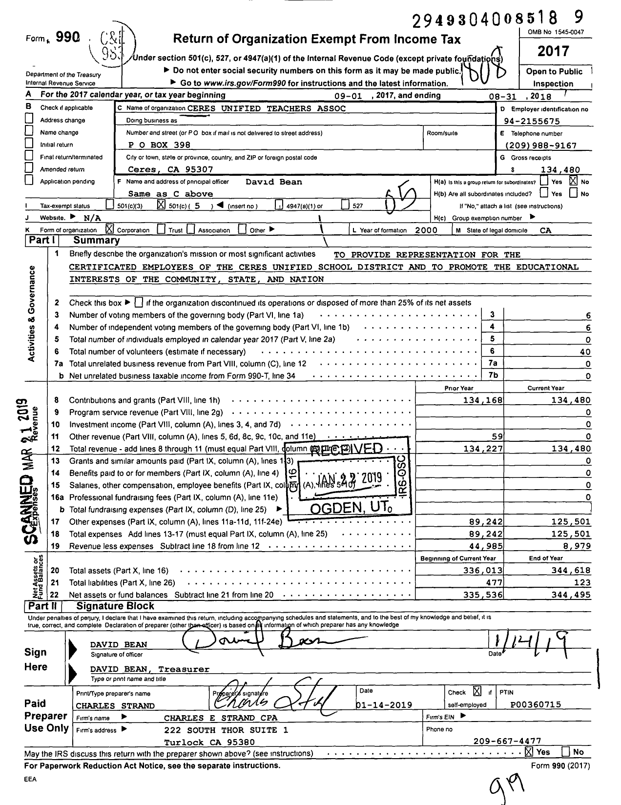 Image of first page of 2017 Form 990O for California Teachers Association - Ceres Unified Teachers Association