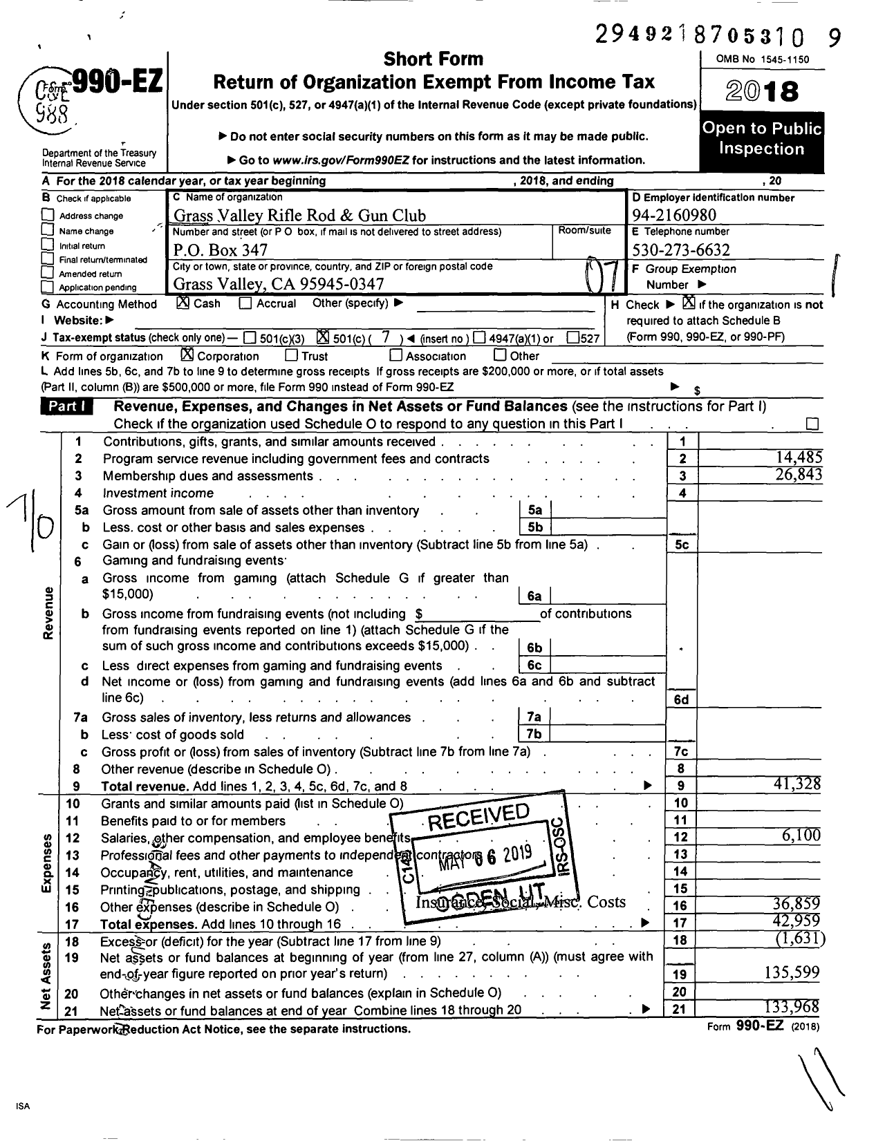 Image of first page of 2018 Form 990EO for Grass Valley Rifle Rod and Gun Club