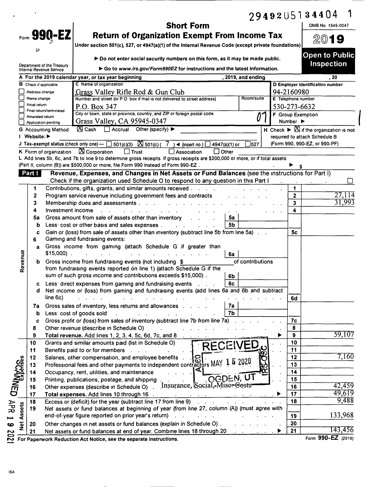 Image of first page of 2019 Form 990EO for Grass Valley Rifle Rod and Gun Club