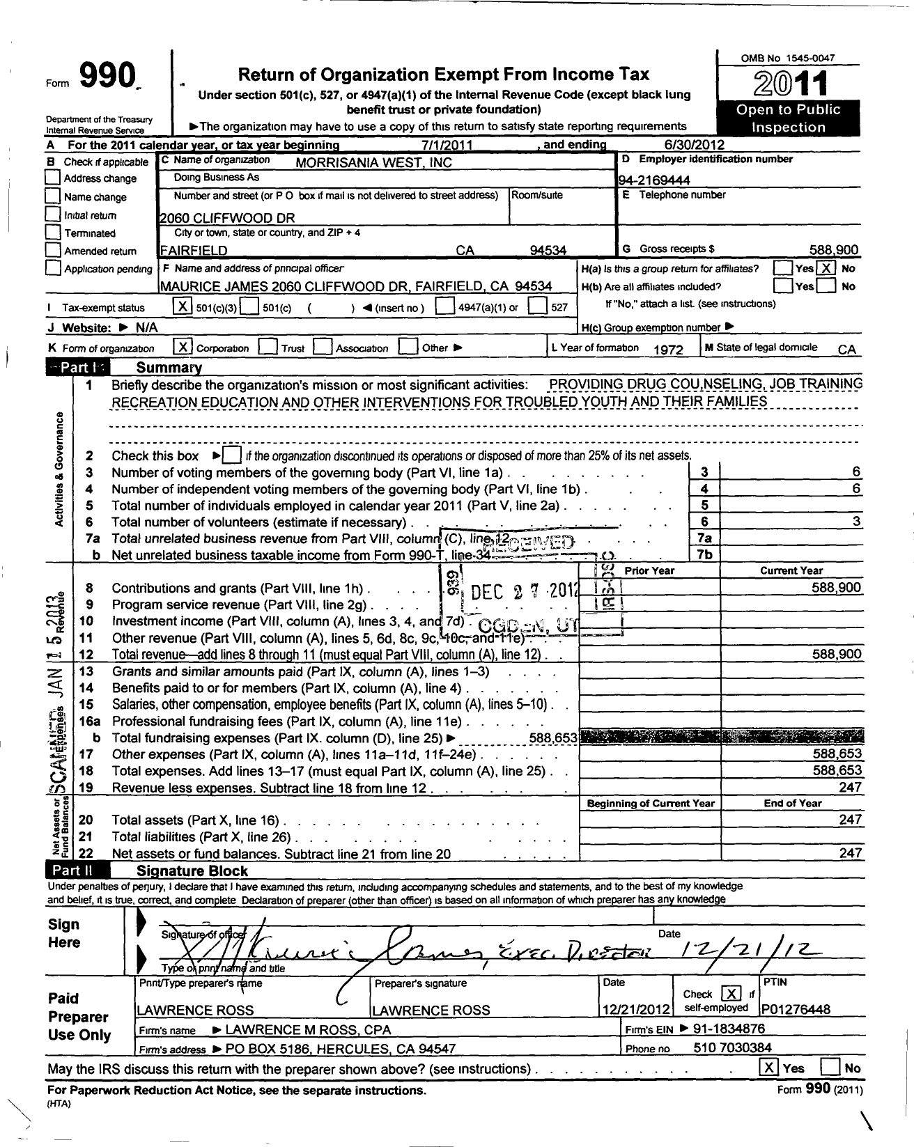 Image of first page of 2011 Form 990 for Morrisania West