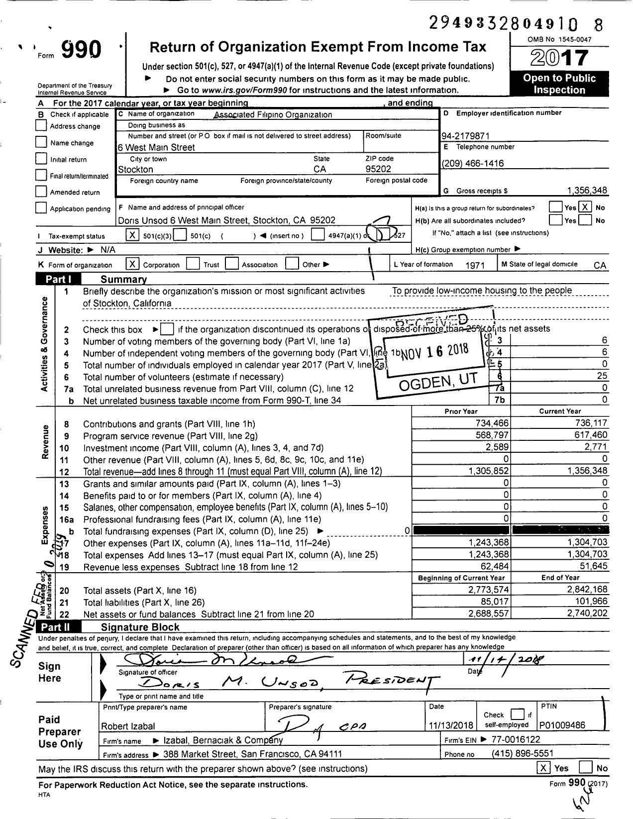 Image of first page of 2017 Form 990 for Associated Filipino Organizations of San Joaquin County