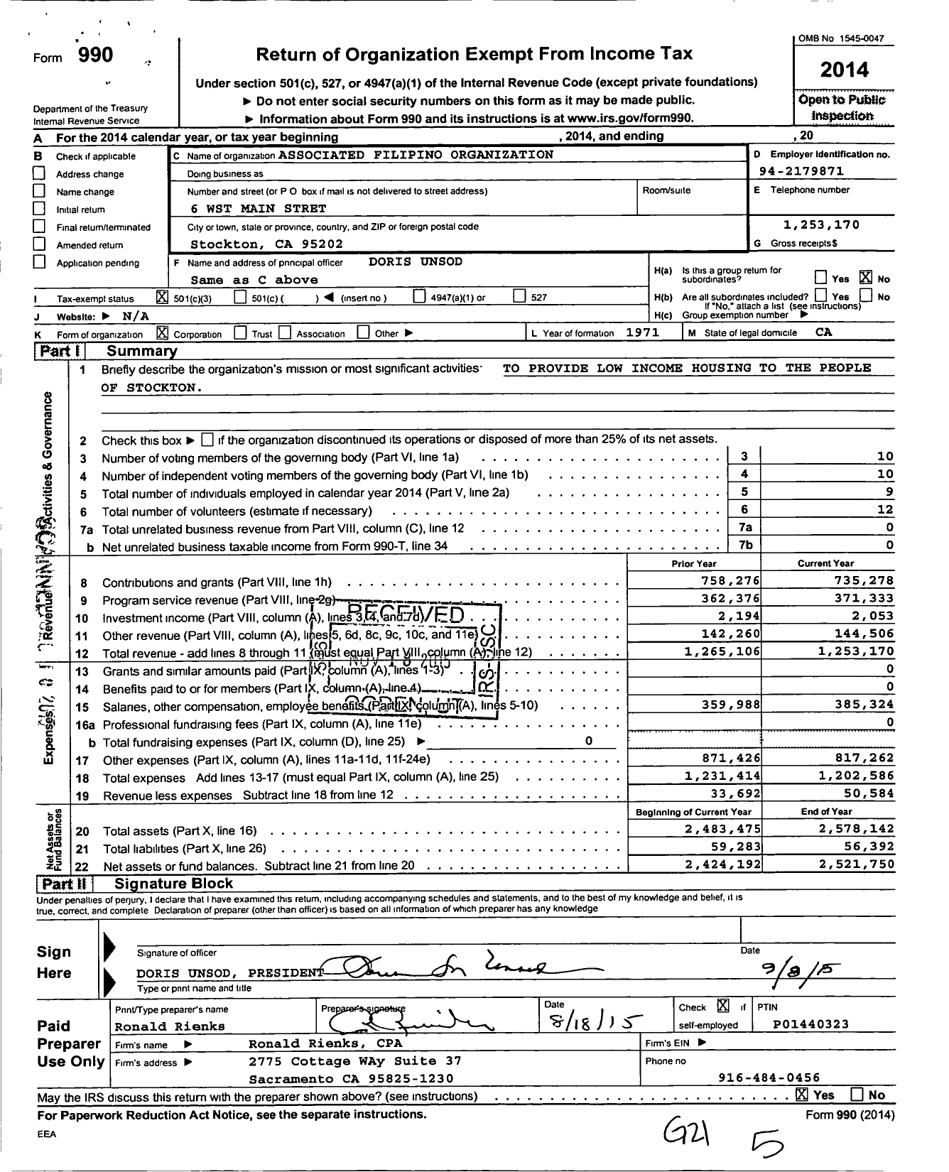 Image of first page of 2014 Form 990 for Associated Filipino Organizations of San Joaquin County