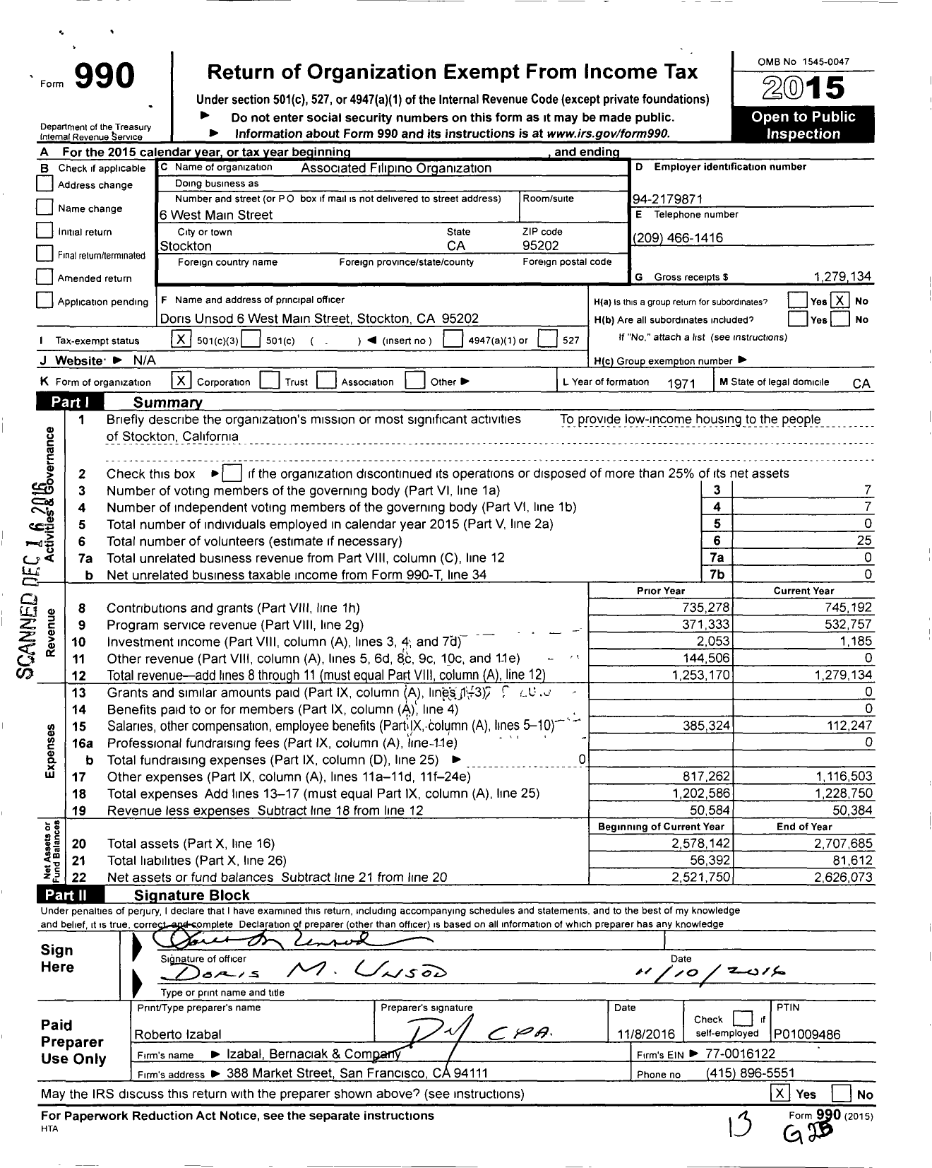 Image of first page of 2015 Form 990 for Associated Filipino Organizations of San Joaquin County