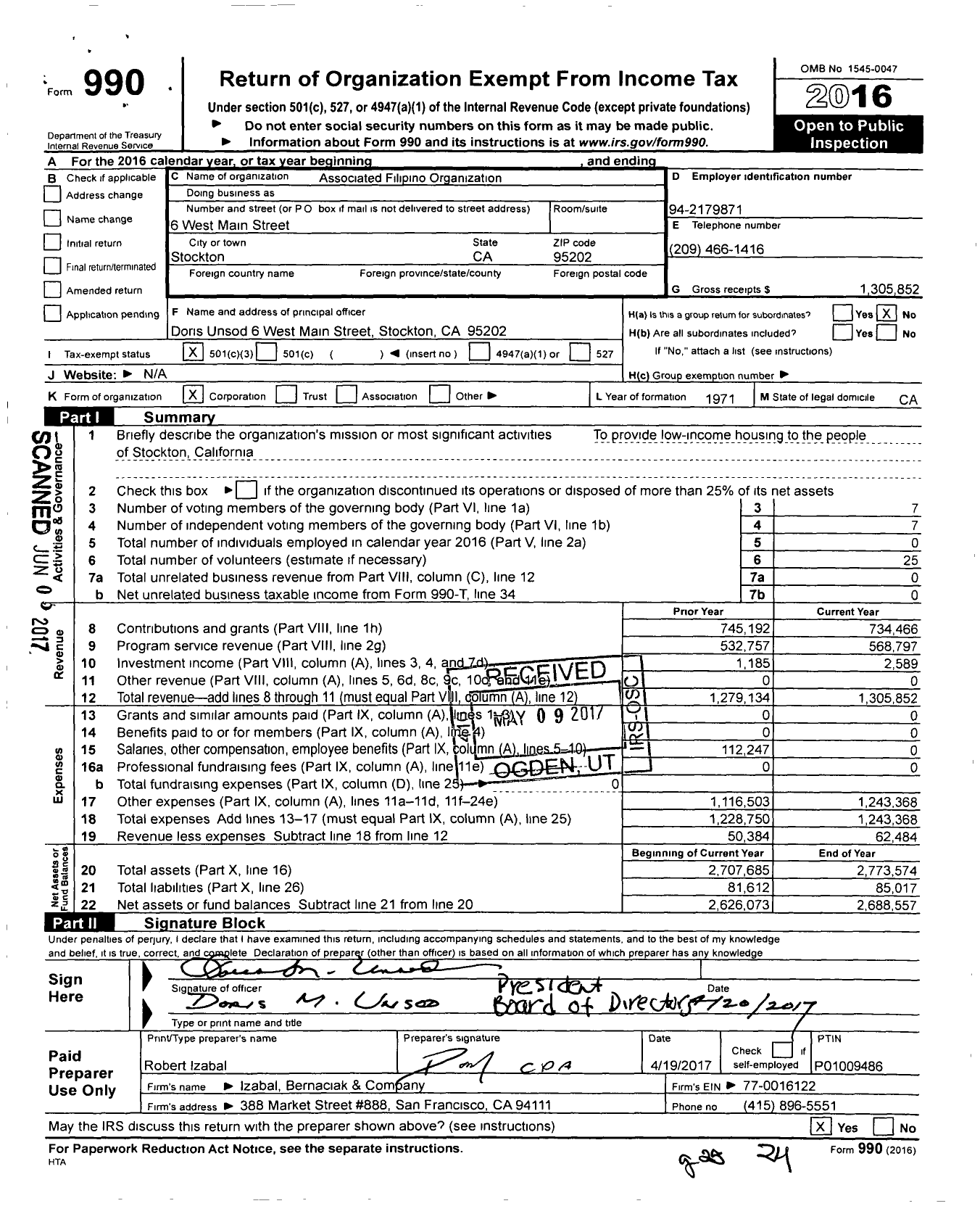 Image of first page of 2016 Form 990 for Associated Filipino Organizations of San Joaquin County