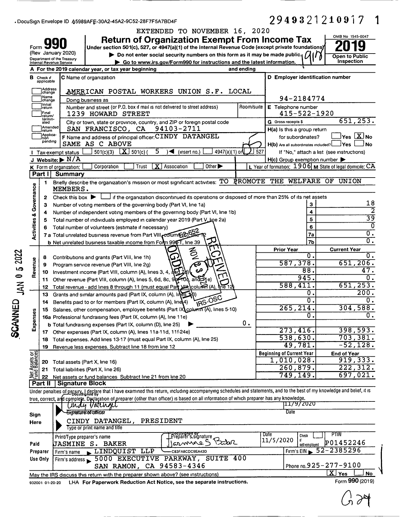 Image of first page of 2019 Form 990O for American Postal Workers Union - 2 San Francisco Local