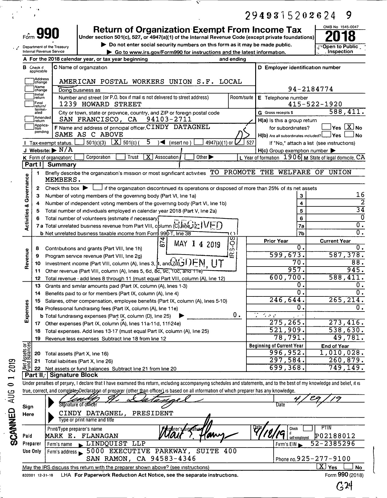 Image of first page of 2018 Form 990O for American Postal Workers Union - 2 San Francisco Local