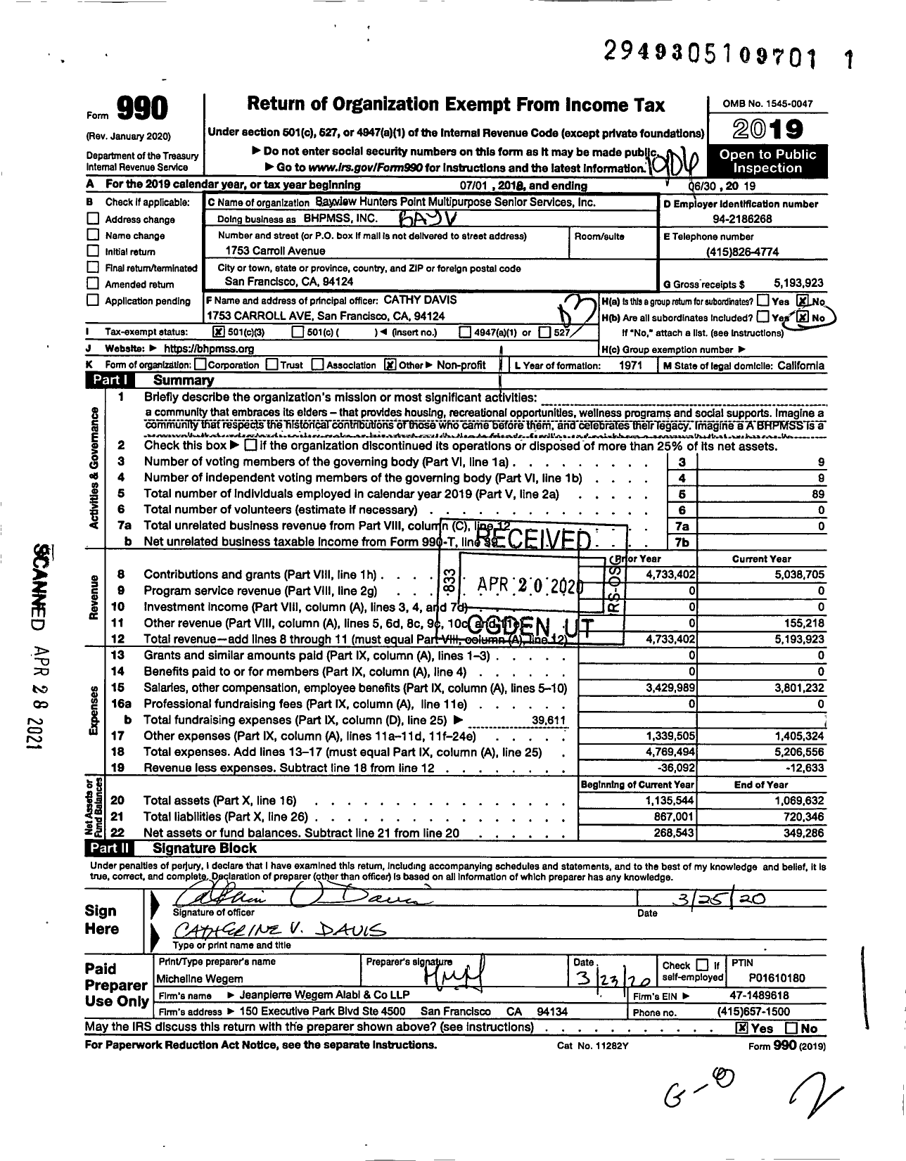 Image of first page of 2018 Form 990 for Bayview Hunters Point Multipurpose Senior Services (BHPMSS)