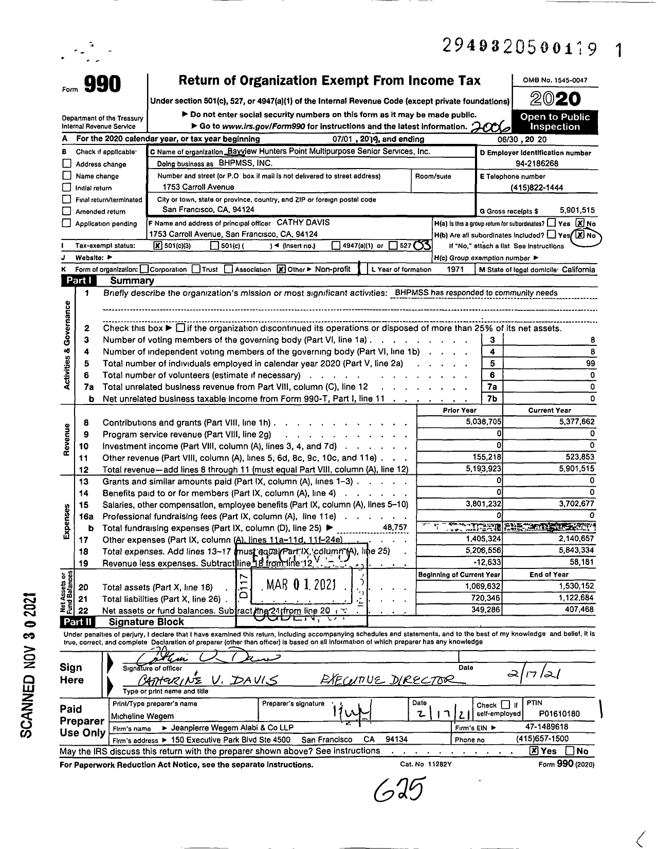 Image of first page of 2019 Form 990 for Bayview Hunters Point Multipurpose Senior Services (BHPMSS)