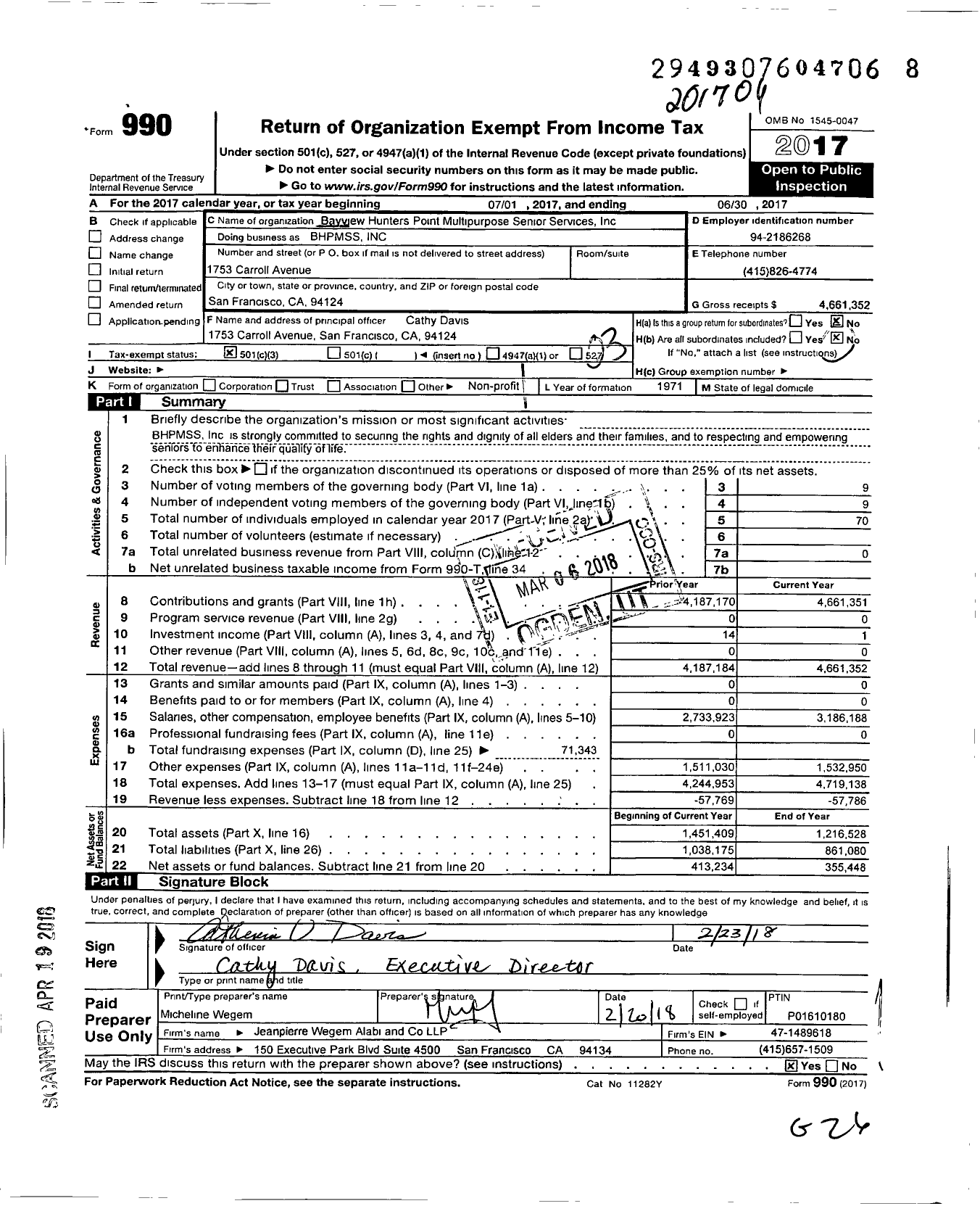 Image of first page of 2016 Form 990 for Bayview Hunters Point Multipurpose Senior Services (BHPMSS)