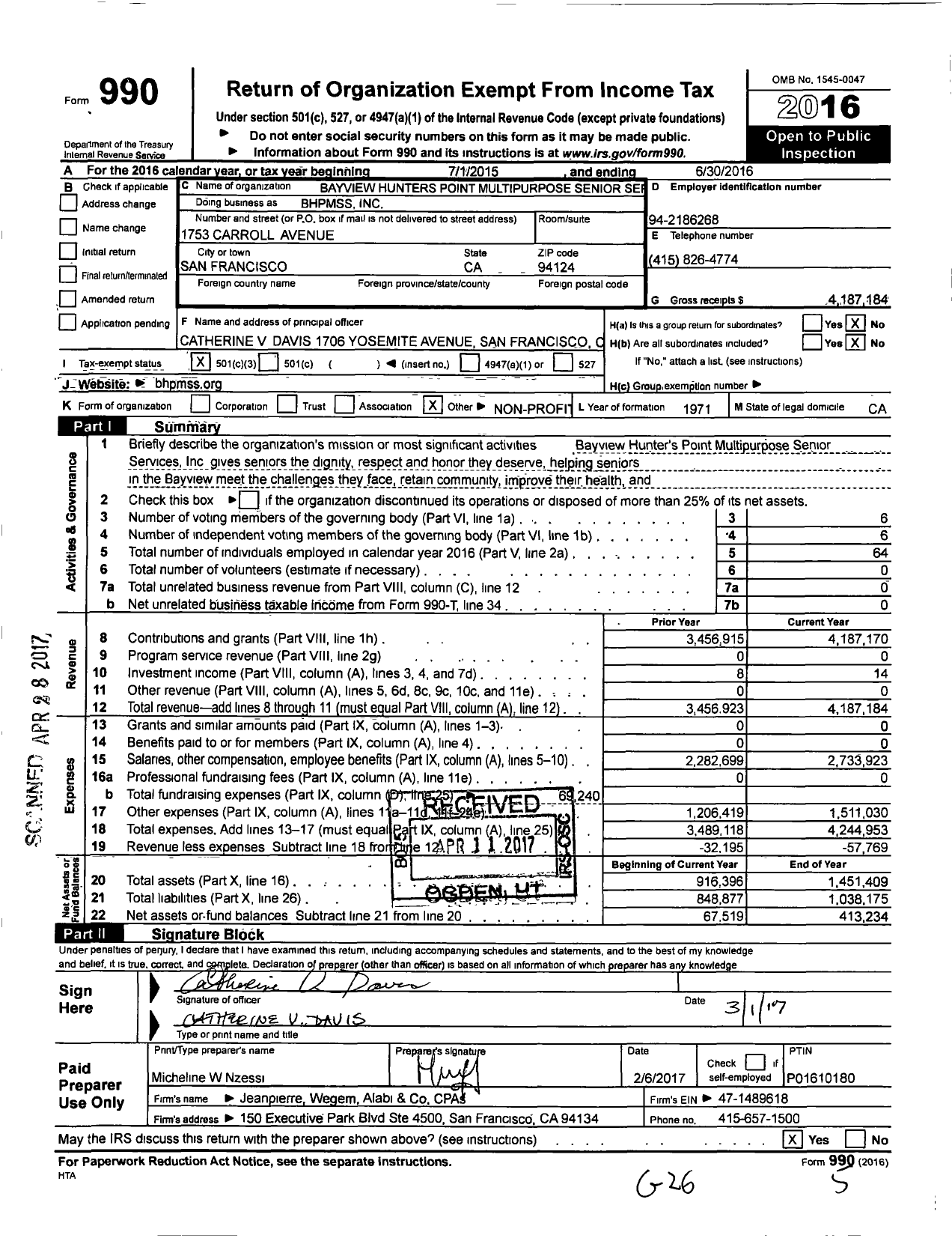 Image of first page of 2015 Form 990 for Bayview Hunters Point Multipurpose Senior Services (BHPMSS)