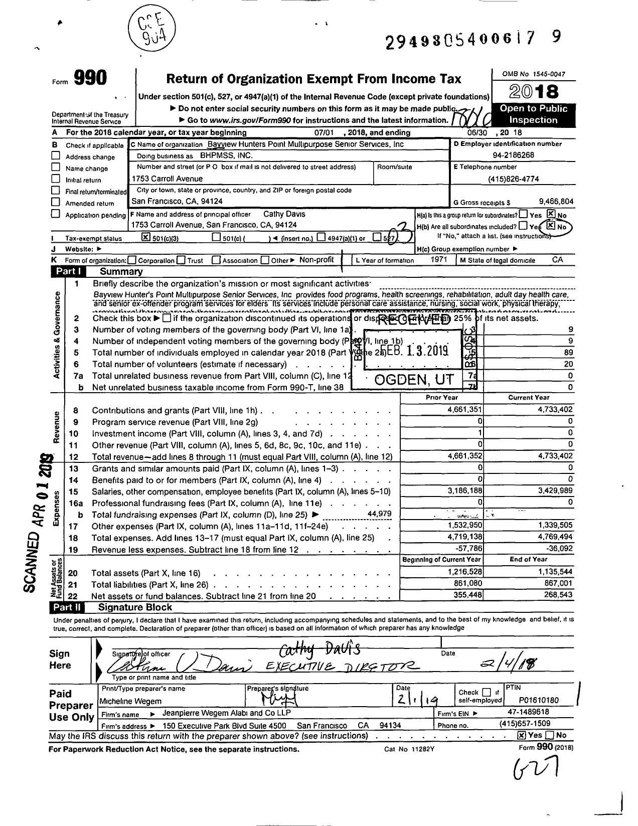 Image of first page of 2017 Form 990 for Bayview Hunters Point Multipurpose Senior Services (BHPMSS)