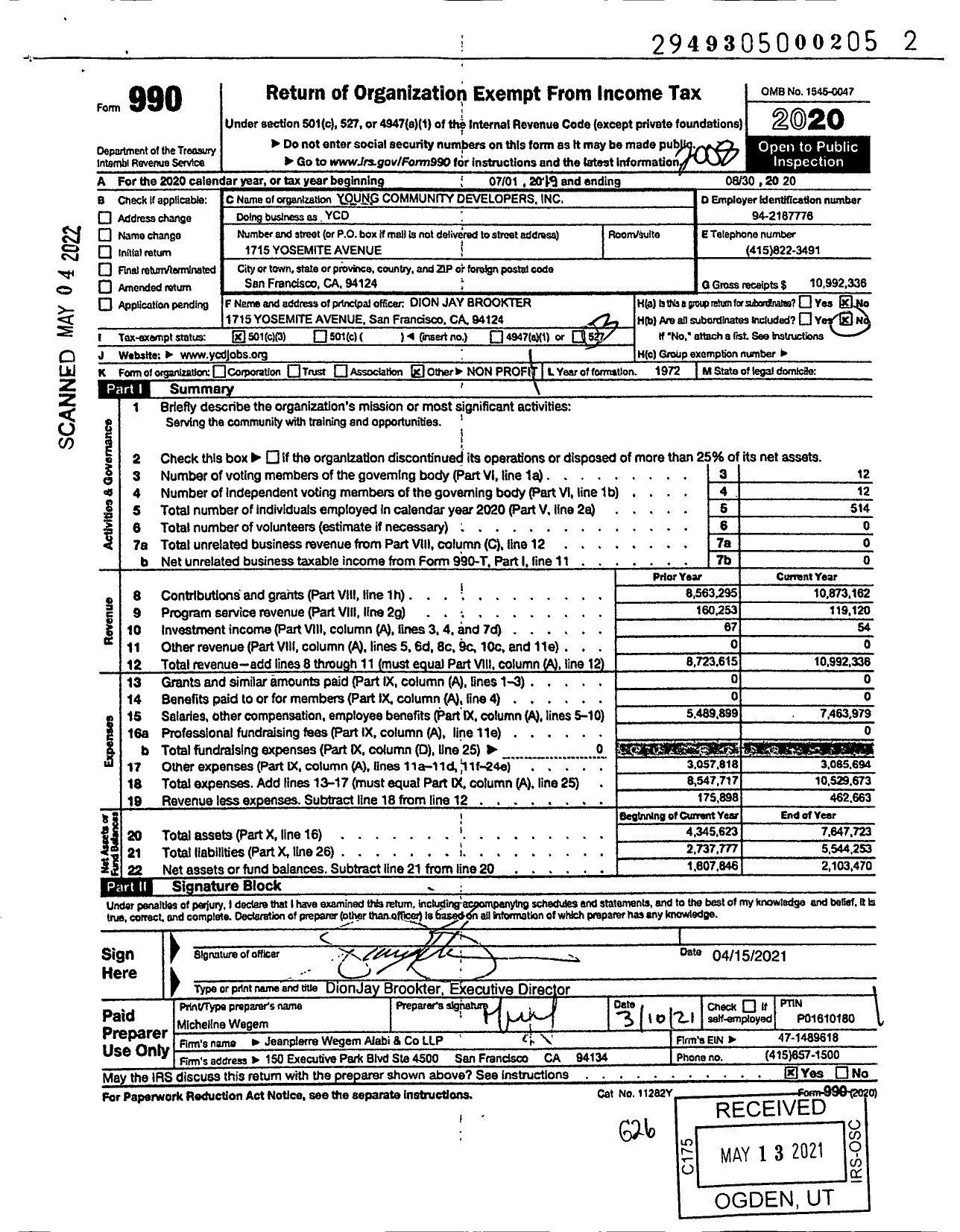 Image of first page of 2019 Form 990 for Young Community Developers (YCD)