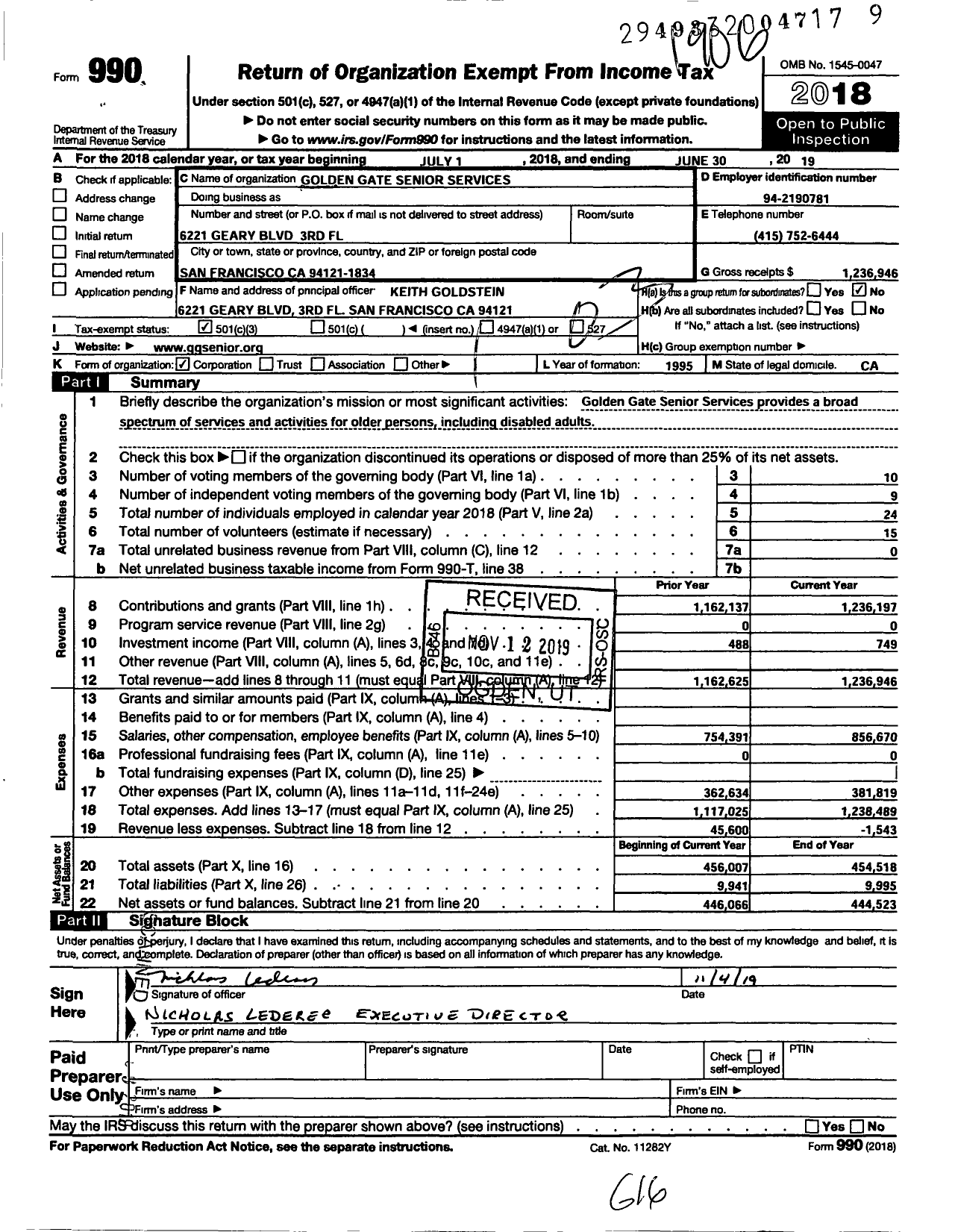 Image of first page of 2018 Form 990 for Golden Gate Senior Services