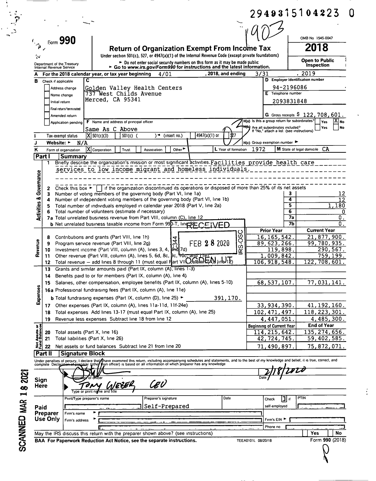 Image of first page of 2018 Form 990 for Golden Valley Health Centers (GVHC)
