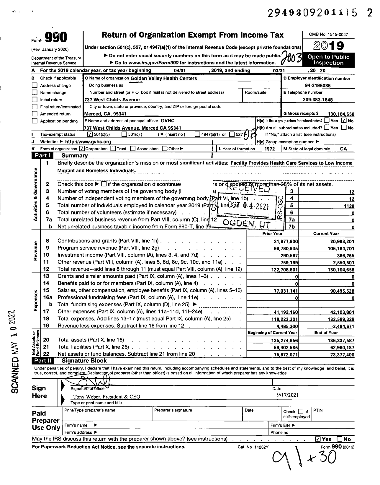 Image of first page of 2019 Form 990 for Golden Valley Health Centers (GVHC)