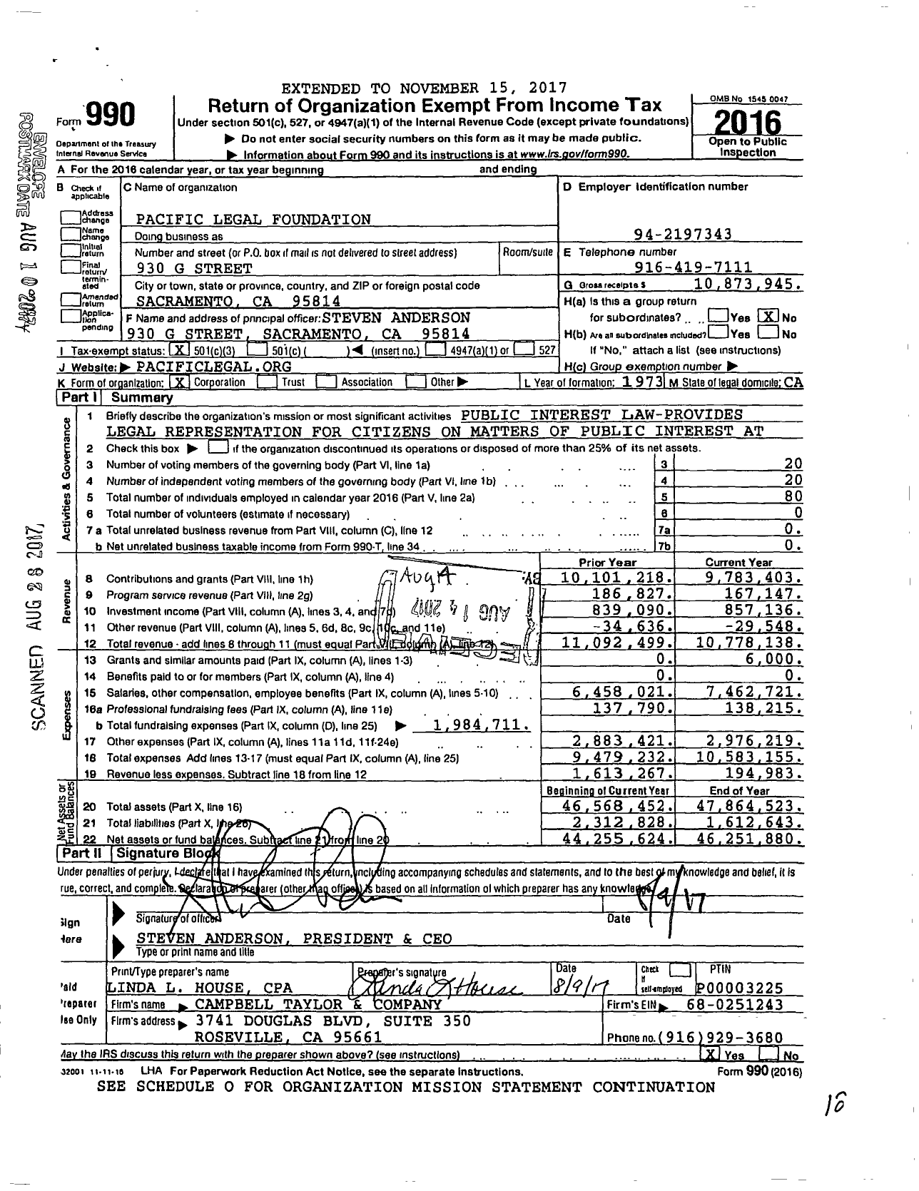 Image of first page of 2016 Form 990 for Pacific Legal Foundation (PLF)