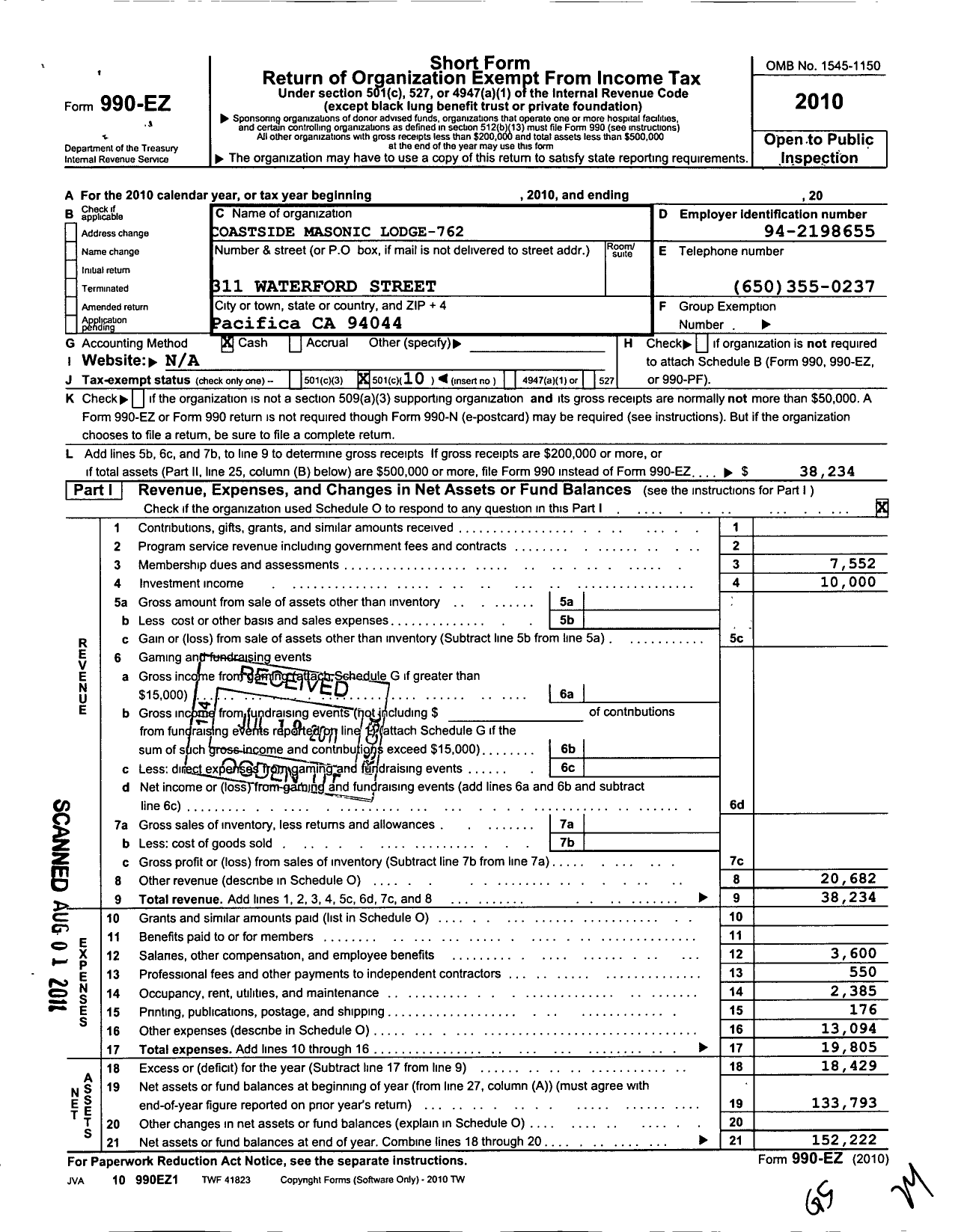 Image of first page of 2010 Form 990EO for Masons of California - 762 Coastside