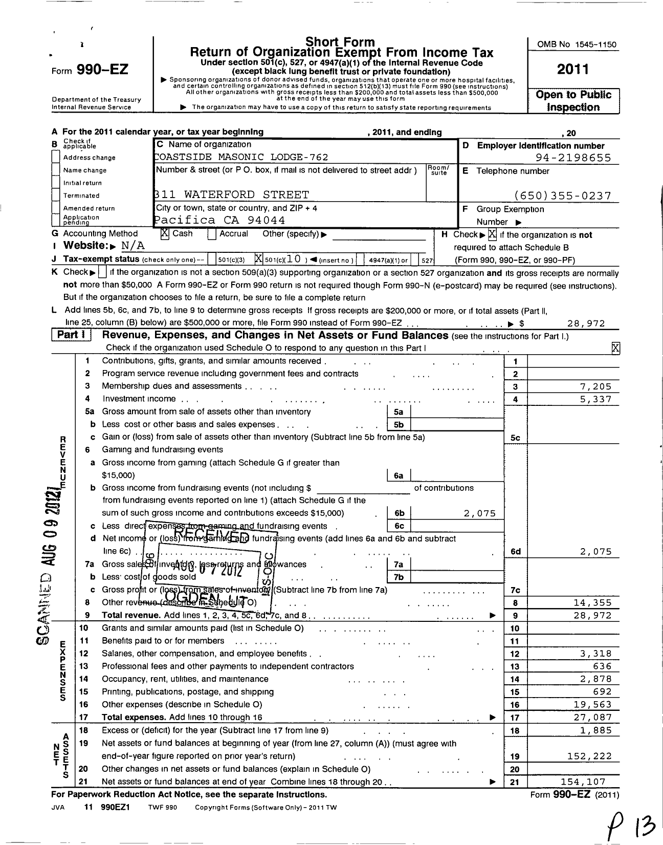 Image of first page of 2011 Form 990EO for Masons of California - 762 Coastside