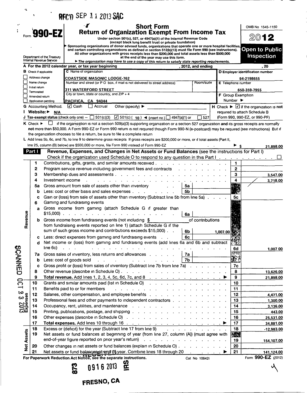 Image of first page of 2012 Form 990EO for Masons of California - 762 Coastside