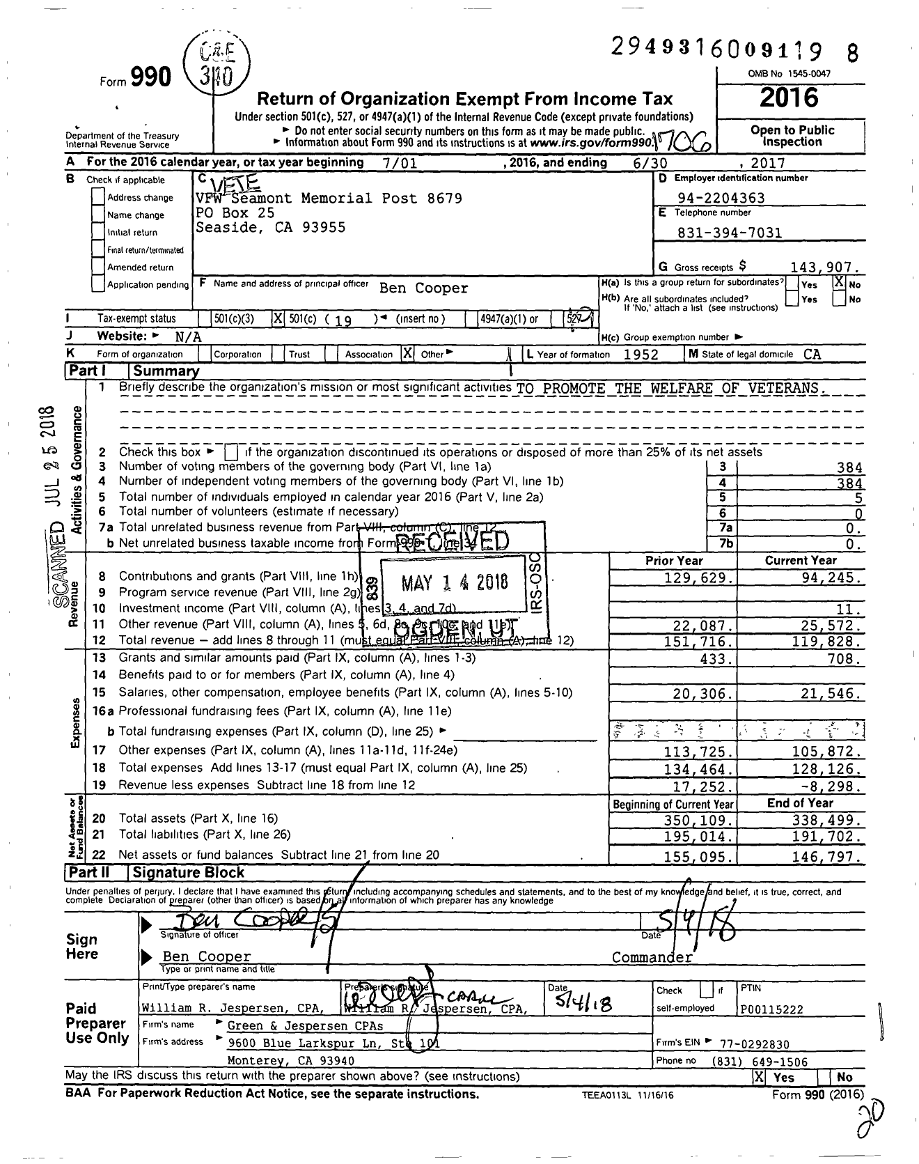 Image of first page of 2016 Form 990O for VFW Seamont Memorial Post 8679